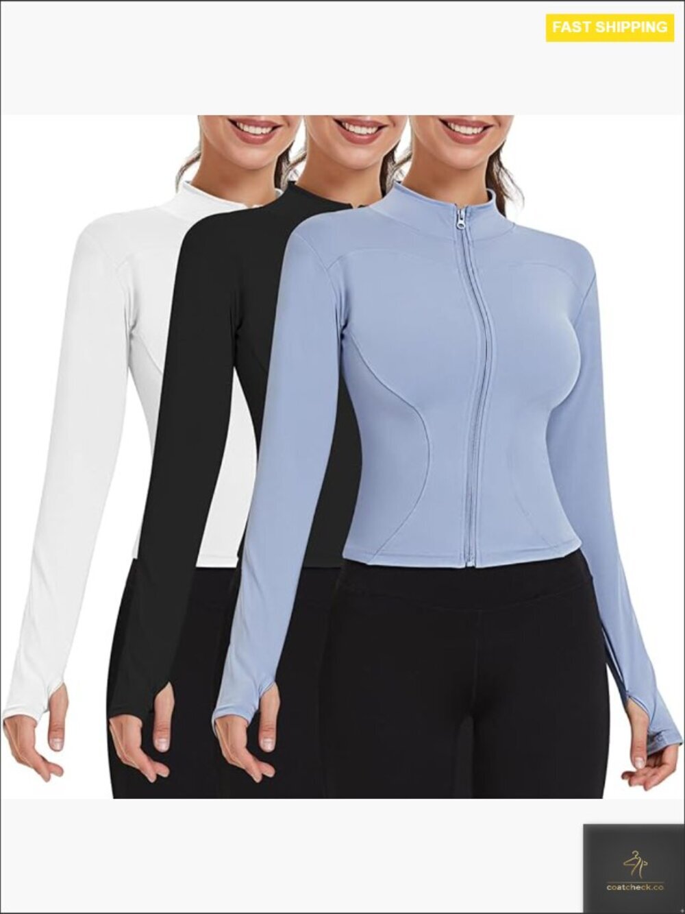 Women's Workout Jacket Slim Fit Cropped Athletic Zip Up with Thumb Holes